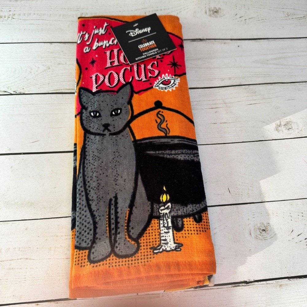 Disney Hocus Pocus Kitchen Towels Set 2 Binx Cat Halloween Orange New